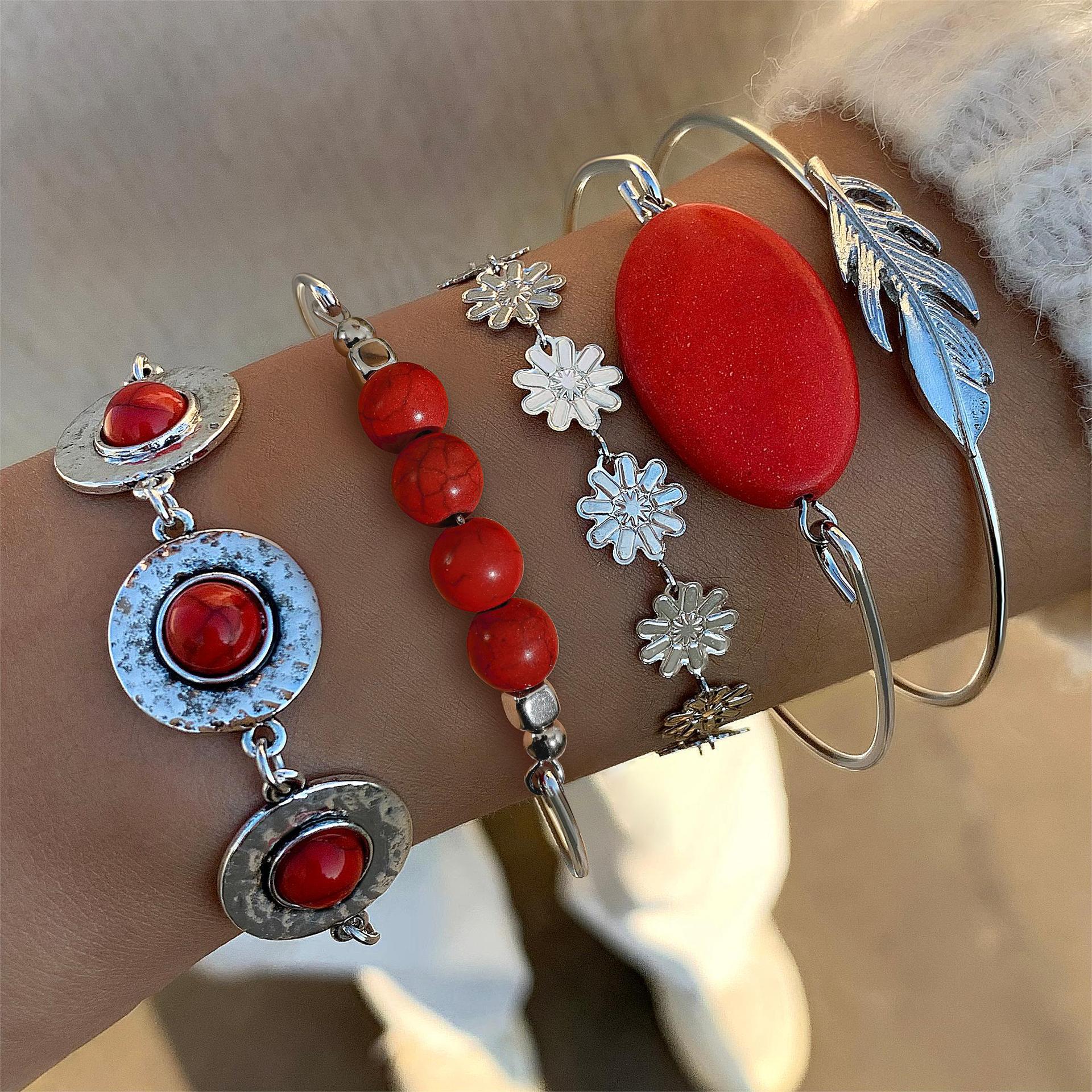 Wholesale Bohemian Set Turquoise Leaf Bracelet Ethnic Bow Flower Turquoise Bracelet suit